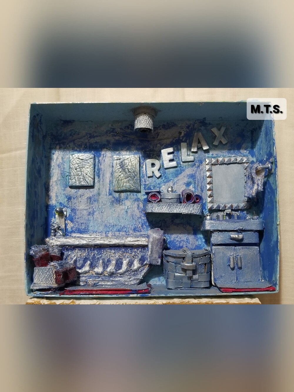 Handmade Blue Miniature "Relax" Wall Art Panel Of A Bathroom With Silver Accents